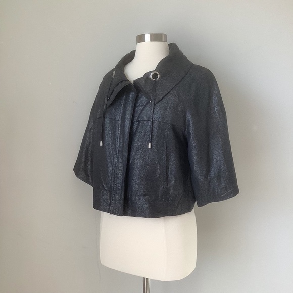 $198 Sandro  Linen Blend Metallic Cropped Swing Moto Jacket M - Picture 5 of 16